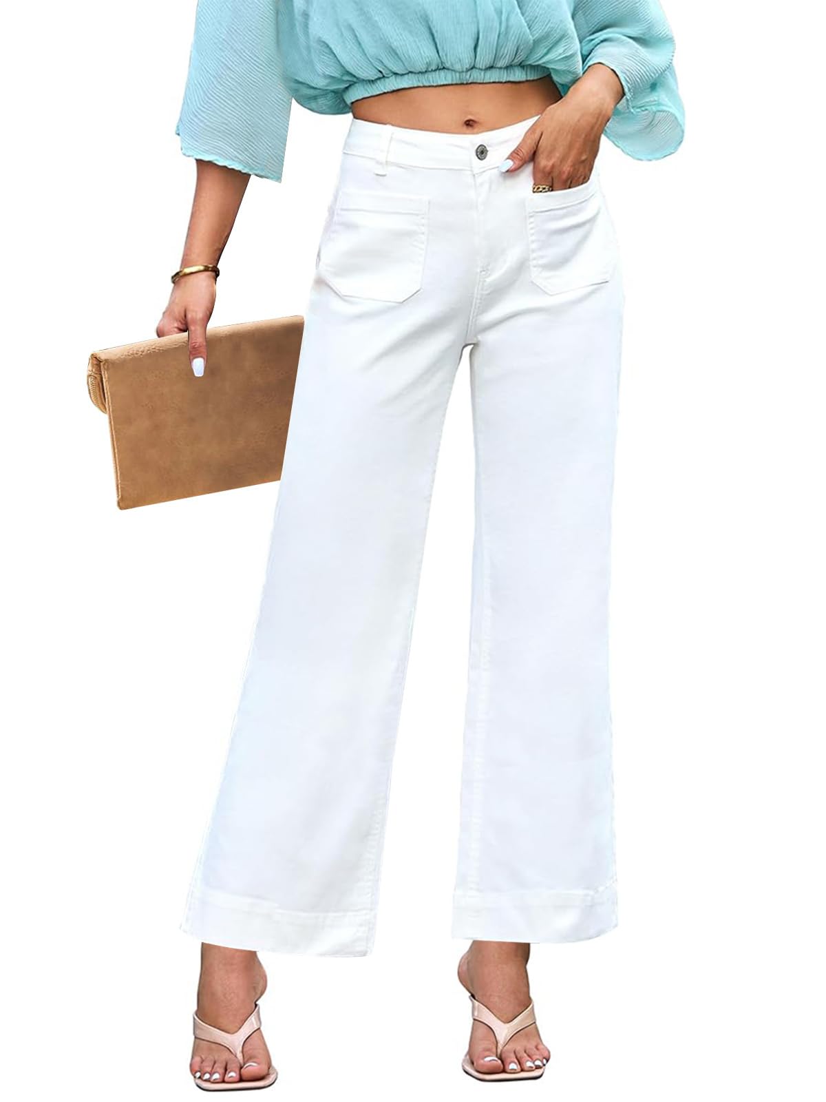 KUNMI Women's Wide Leg Jeans High Waisted Straight Leg Stretchy Denim Pants with Pockets