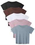 HOPLYNN 5 Pack Women's Loose Fit Short Sleeve Workout Crop Top T-Shirts