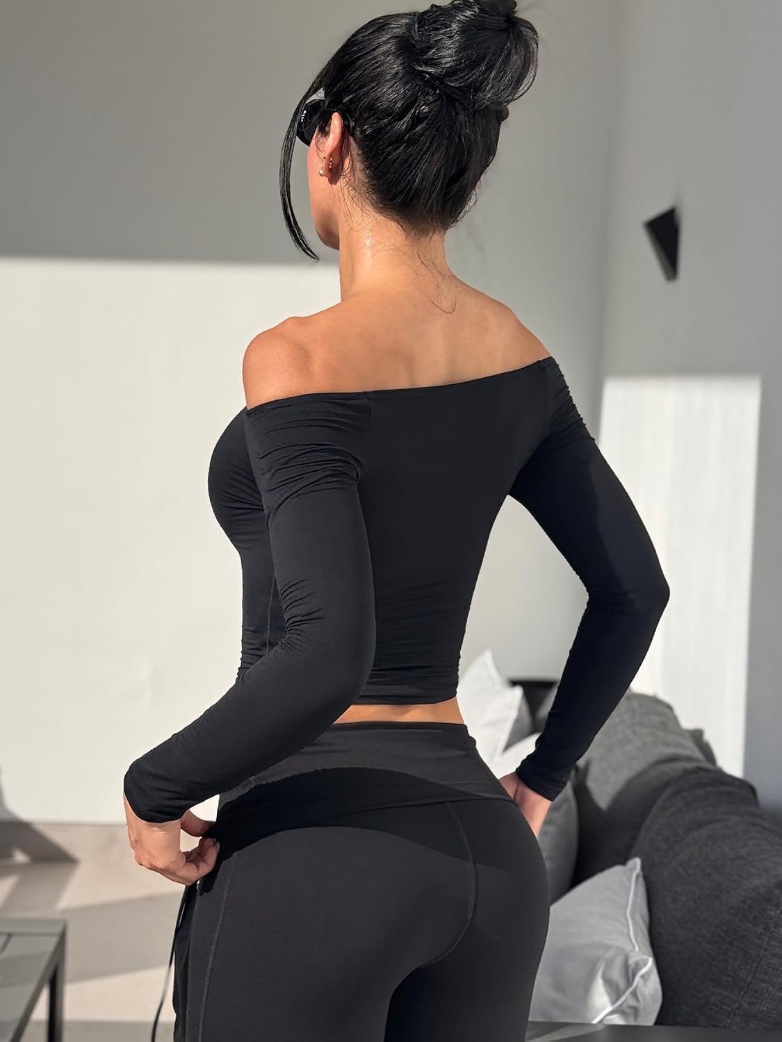 YEOREO Ease Women Off Shoulder Long Sleeve Shirts Double Lined Basic Top