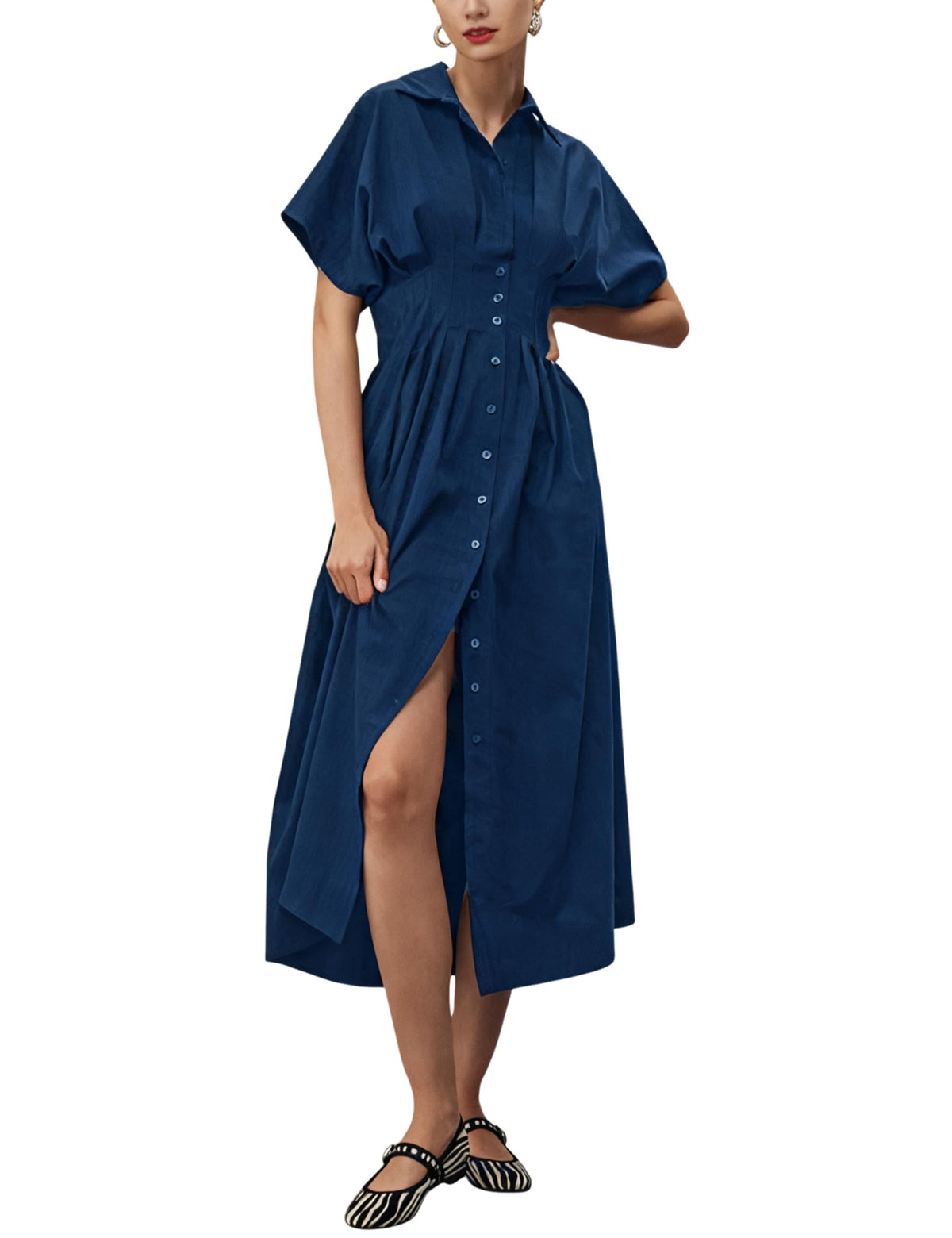 Yeokou Shirt Dress for Women Short Sleeve Button Front Casual Pleated Flowy Maxi Sundress with Pockets