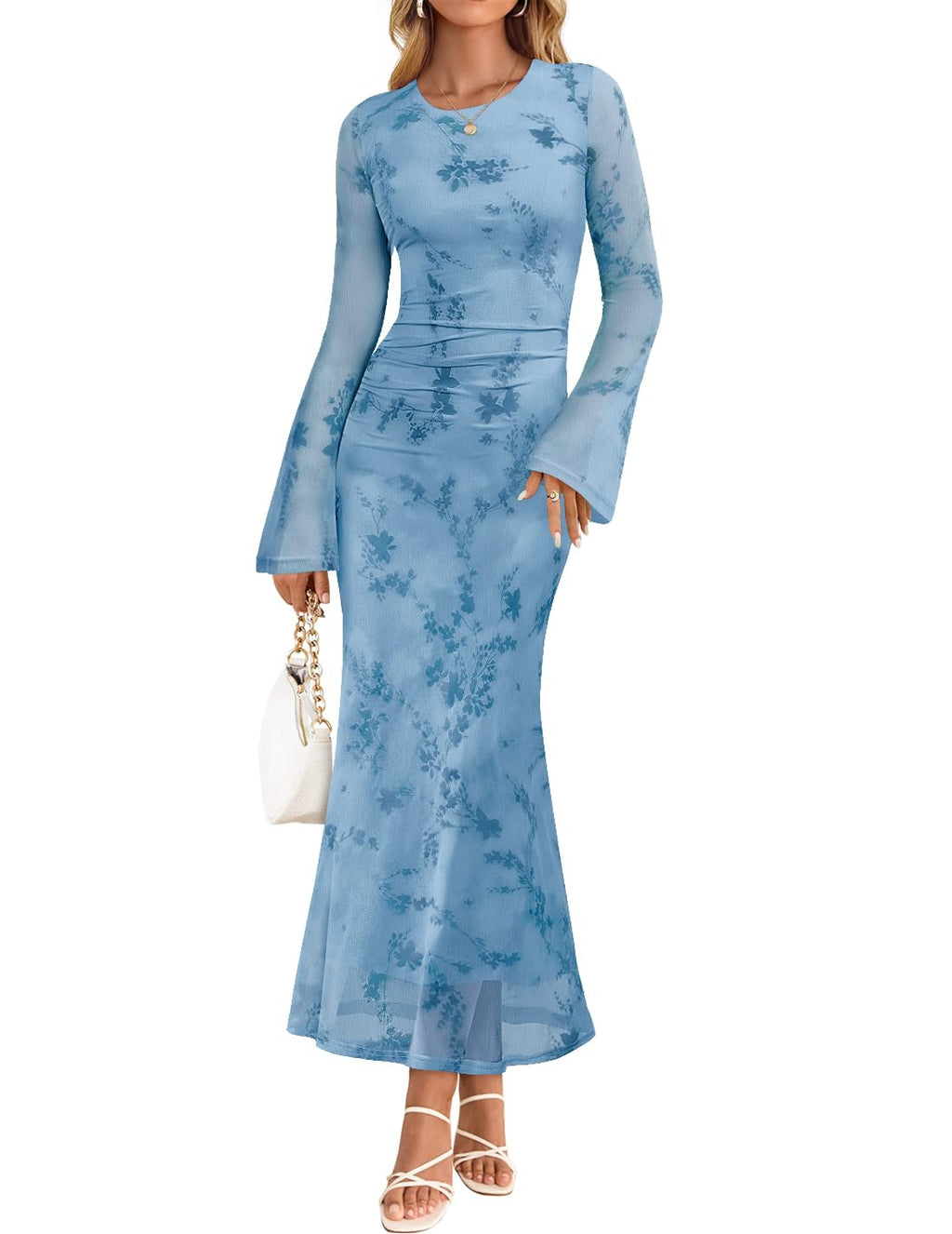 ZESICA Womens Long Sleeve Floral Fall Bodycon Ruched Mesh Maxi Formal Dress