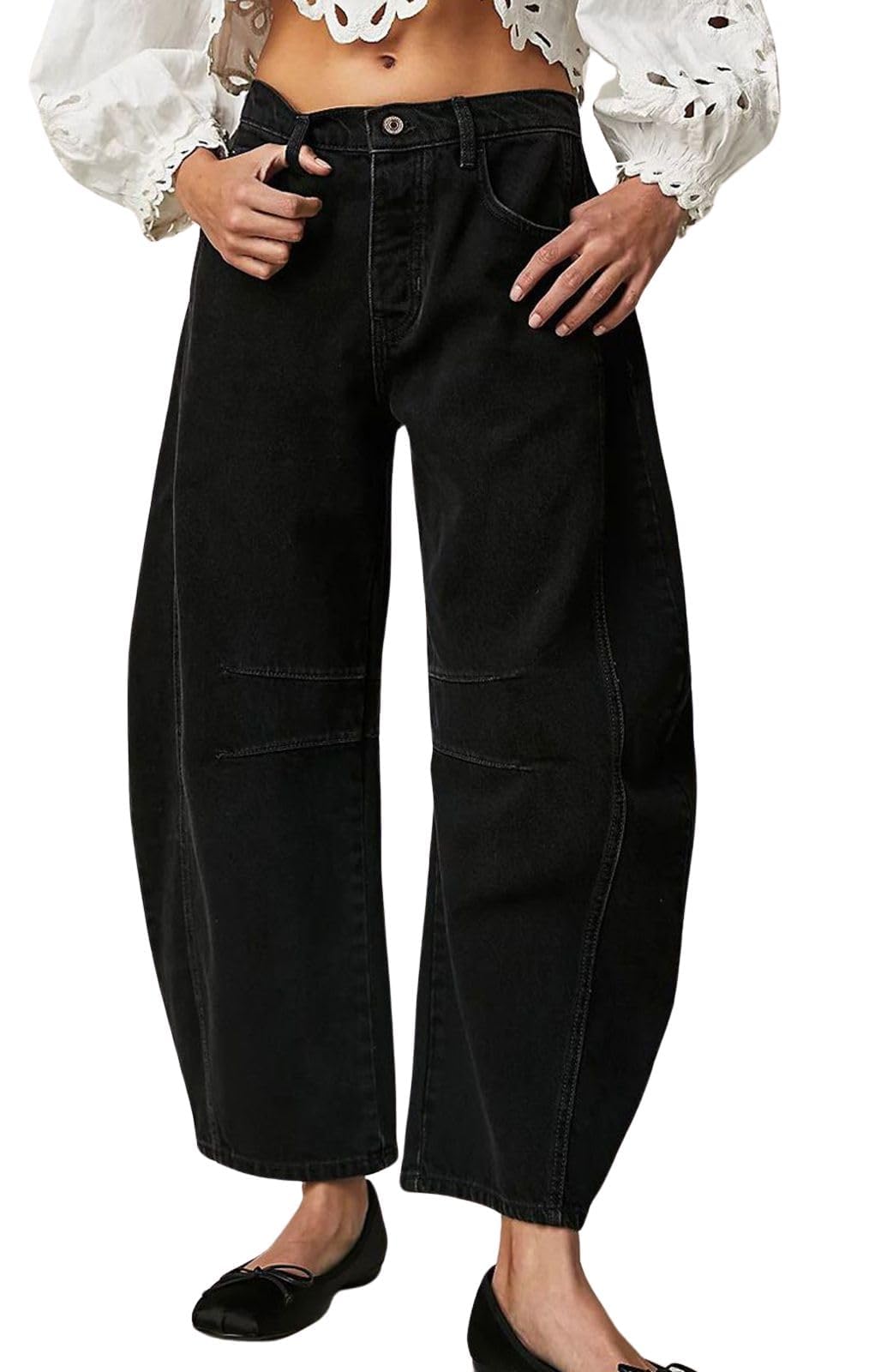 Womens Stretchy Mid Rise Barrel Jeans Vintage Loose Wide Leg Cropped Denim Pants Y2k Baggy Boyfriend Jeans