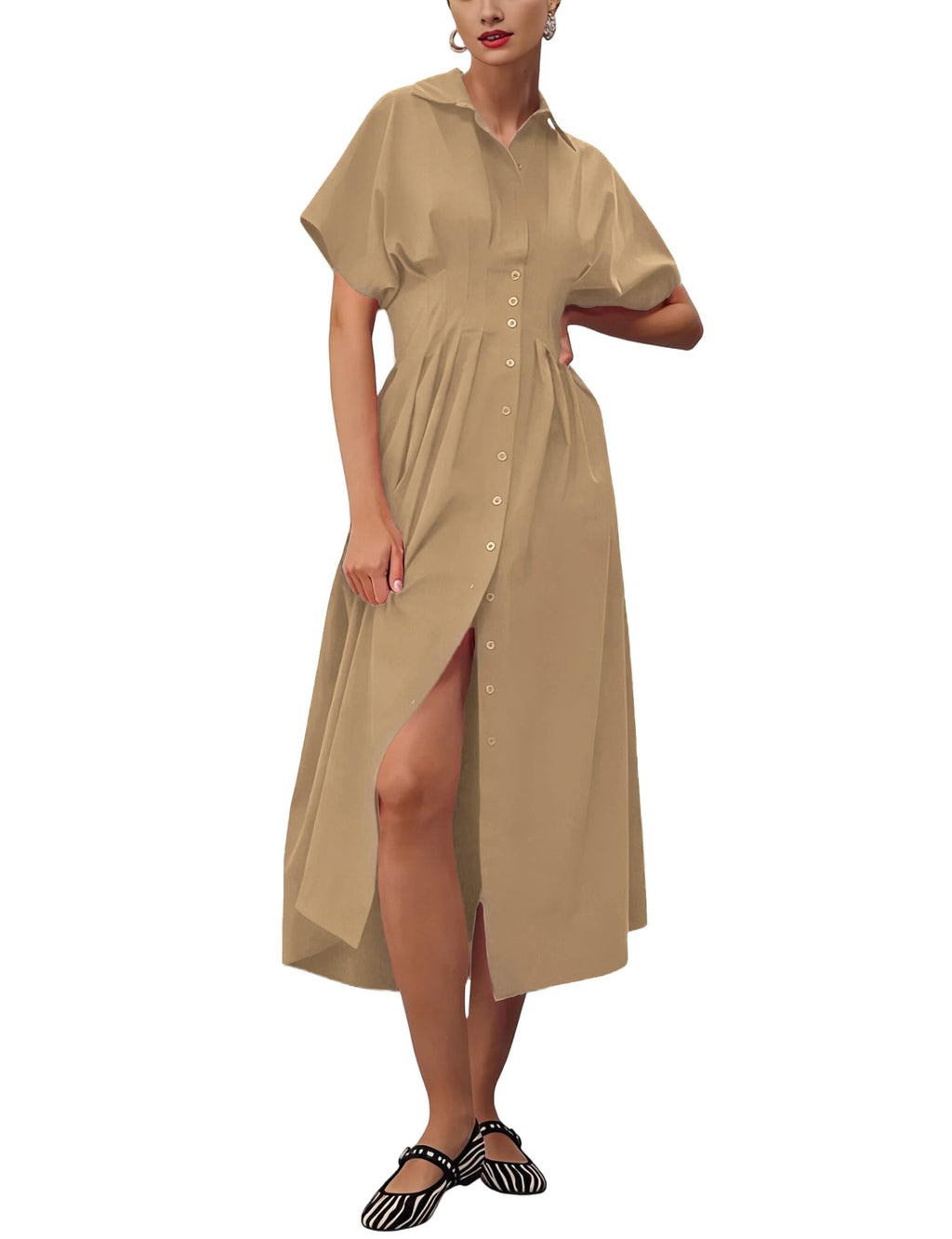 Yeokou Shirt Dress for Women Short Sleeve Button Front Casual Pleated Flowy Maxi Sundress with Pockets
