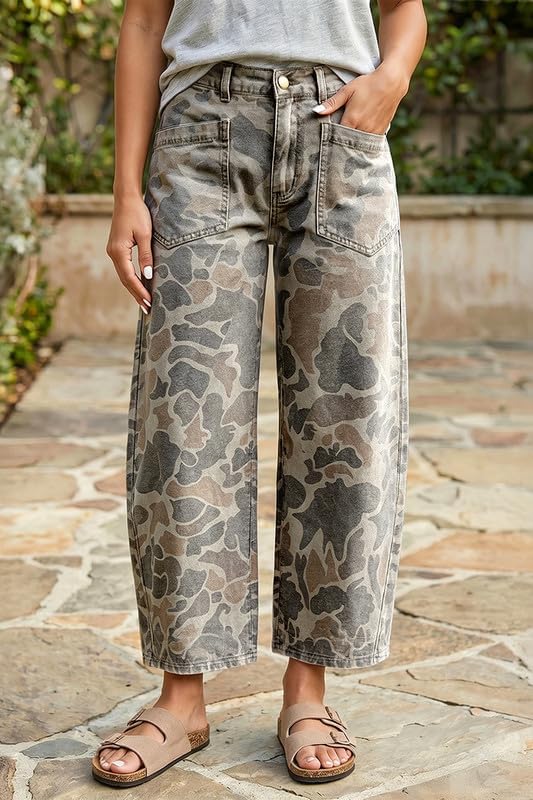 yoeasy Womens Camo Print Wide Leg Jeans Vintage Casual Barrel Denim Pants