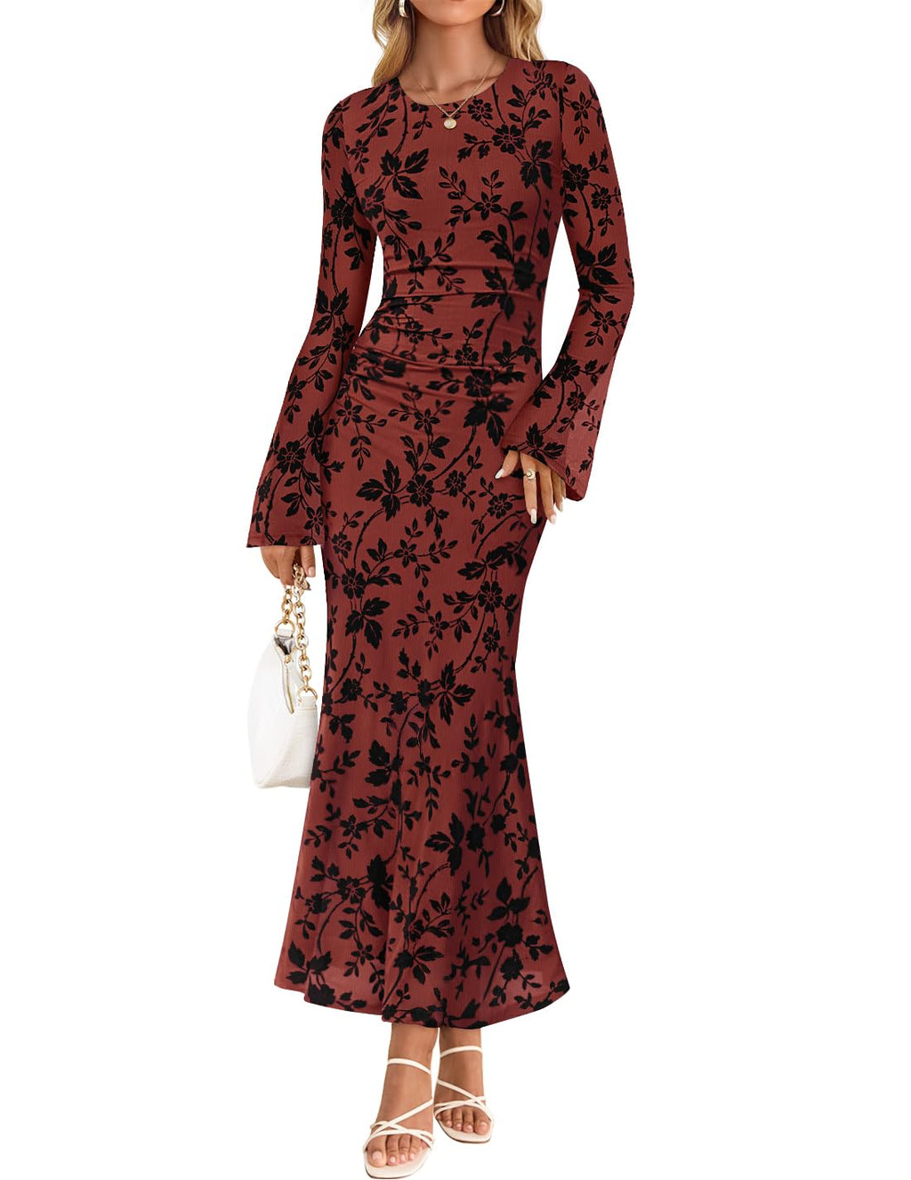 ZESICA Womens Long Sleeve Floral Fall Bodycon Ruched Mesh Maxi Formal Dress