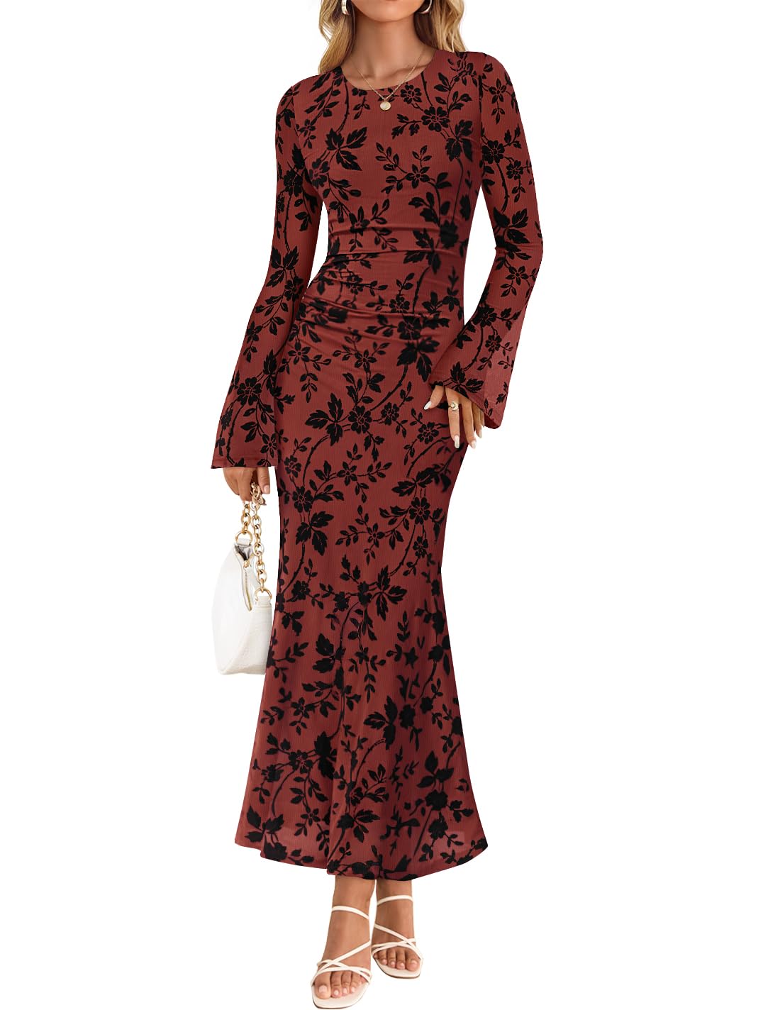 ZESICA Womens Long Sleeve Floral Fall Bodycon Ruched Mesh Maxi Formal Dress