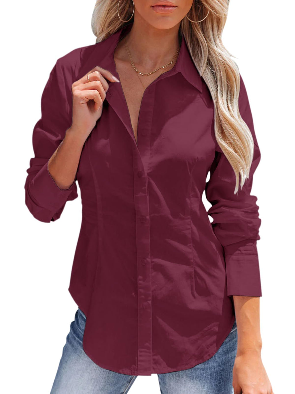 siliteelon Women's Button Down Shirts Long Sleeve Dress Shirts Wrinkle Free Collared Work Office Solid Blouses Corset Tops