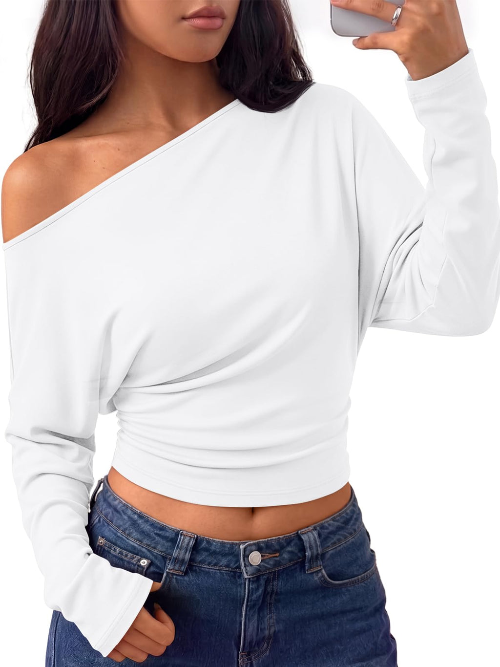 Trendy Queen Off the Shoulder Tops for Women Cinched Waist Shirts 2026 Fall