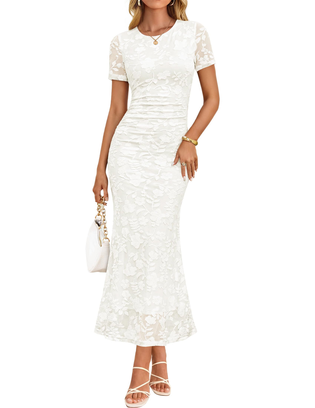 ZESICA Women Summer 2026 Floral Short Sleeve Bodycon Mesh Maxi Formal Dress