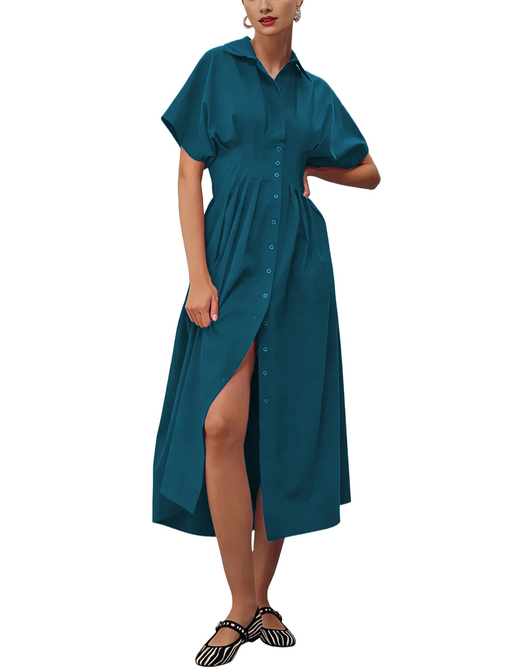 Yeokou Shirt Dress for Women Short Sleeve Button Front Casual Pleated Flowy Maxi Sundress with Pockets