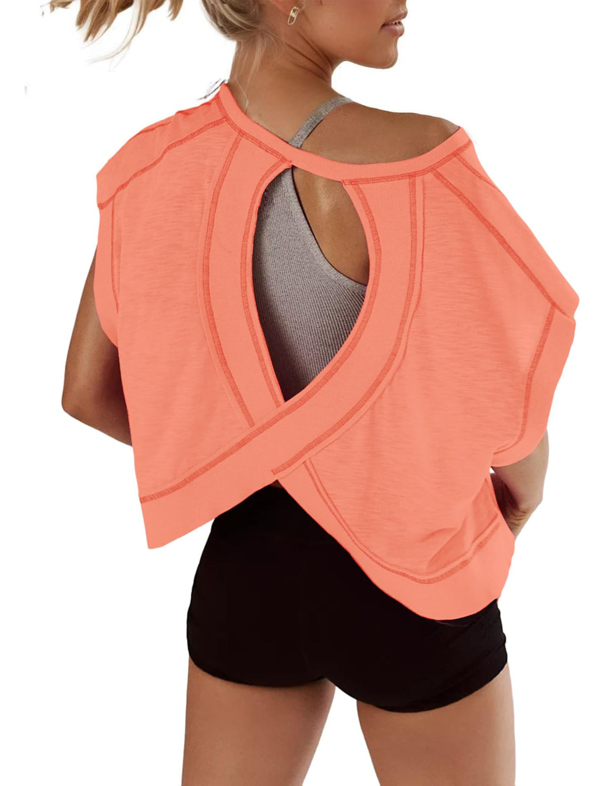 Open Back Tops for Women Oversized Short Sleeve Workout T Shirts Backless Y2k Athletic Crop Running Tees
