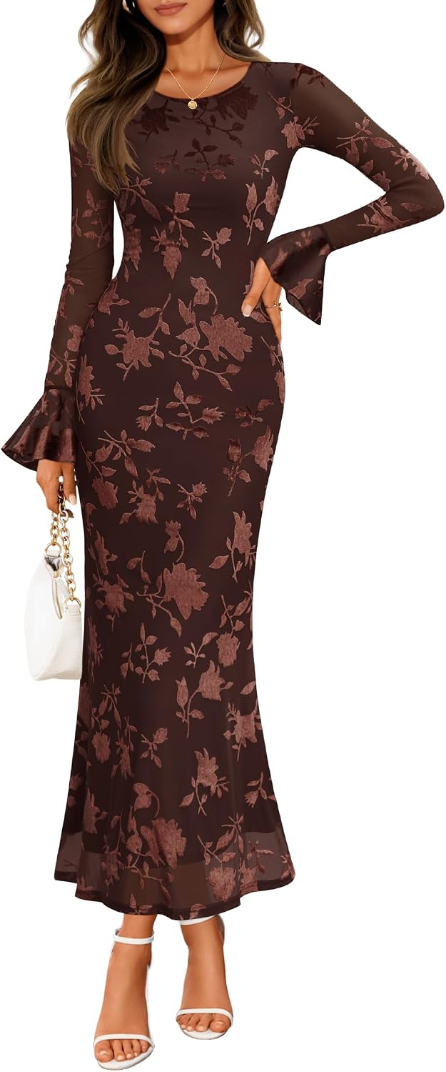 ZESICA Women's Fall Bell Long Sleeve Wedding Guest Dresses
