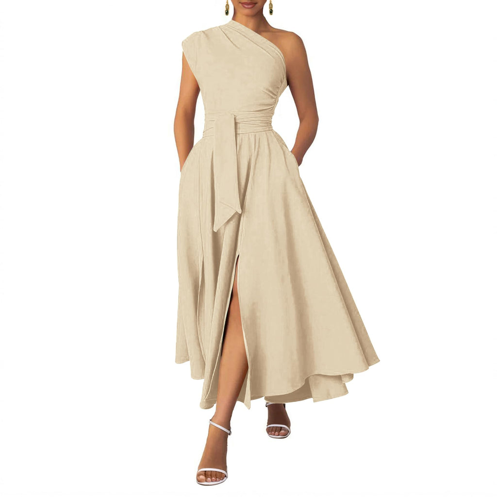 Ekaliy Women's One Shoulder Belted Maxi Dress Formal Wedding Guest Dress