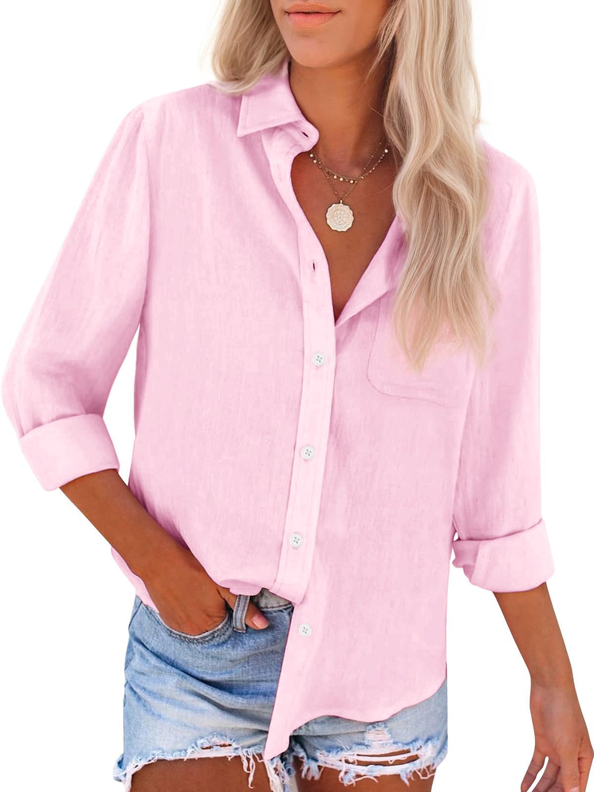 Womens Button Down Shirts Cotton Dress Shirts Oxford Shirts Long Sleeve Work Blouses Collared Tops Tunics with Pocket
