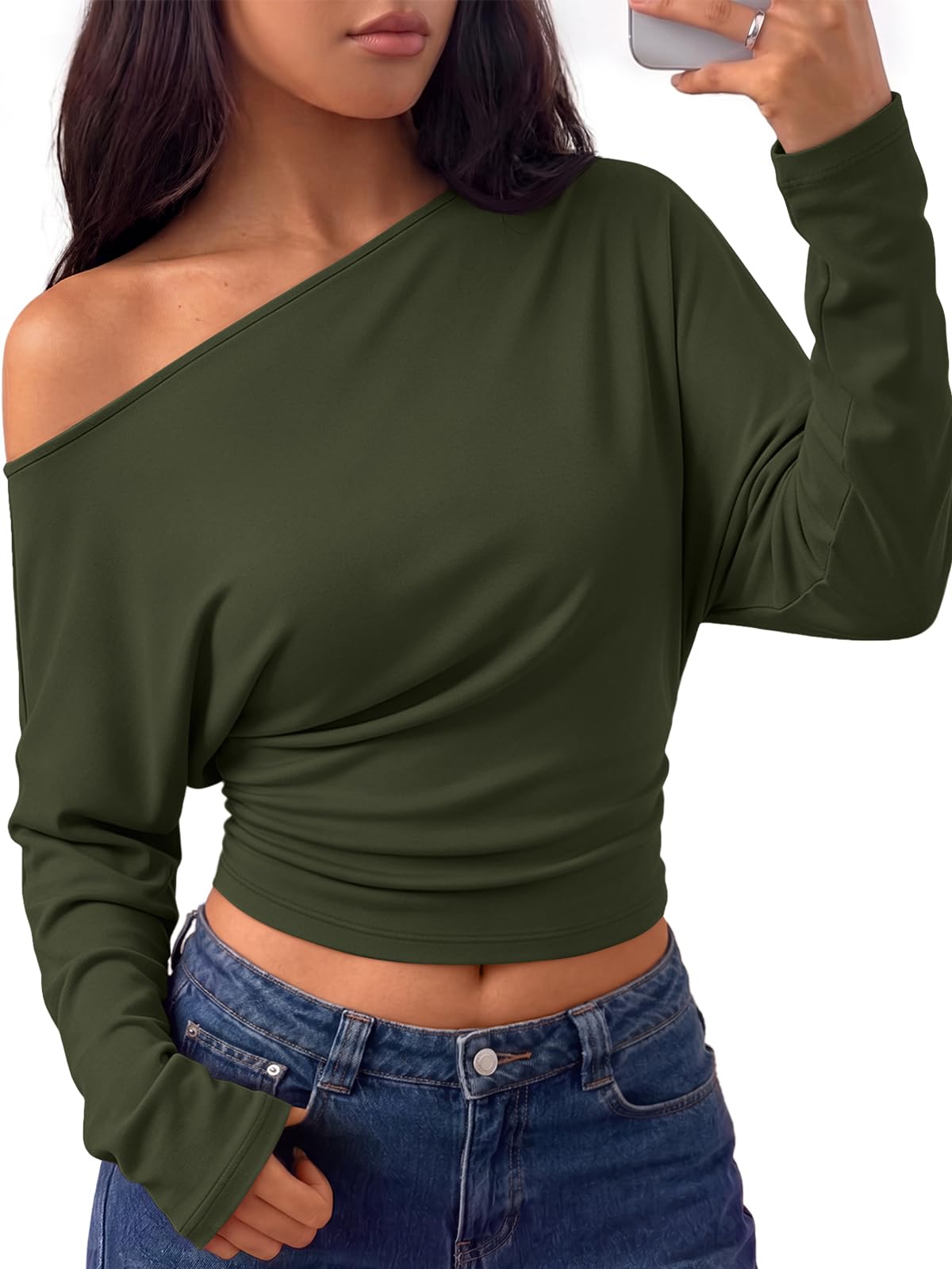 Trendy Queen Off the Shoulder Tops for Women Cinched Waist Shirts 2026 Fall