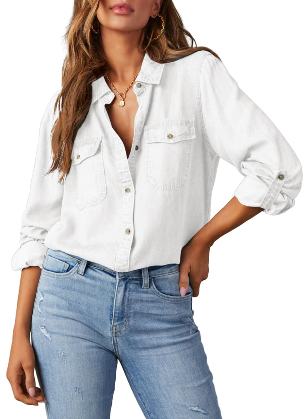 Astylish Women Denim Button Down Shirts Chambray Blouse Top