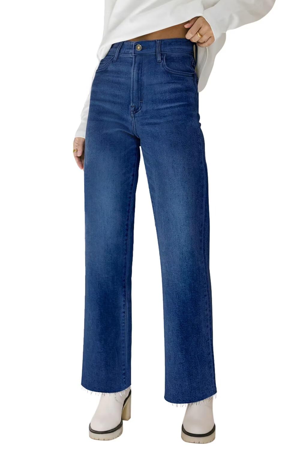 KDF Straight Leg Jeans for Women High Waisted Frayed Baggy Pants Stretchy Cropped Wide Leg Jeans