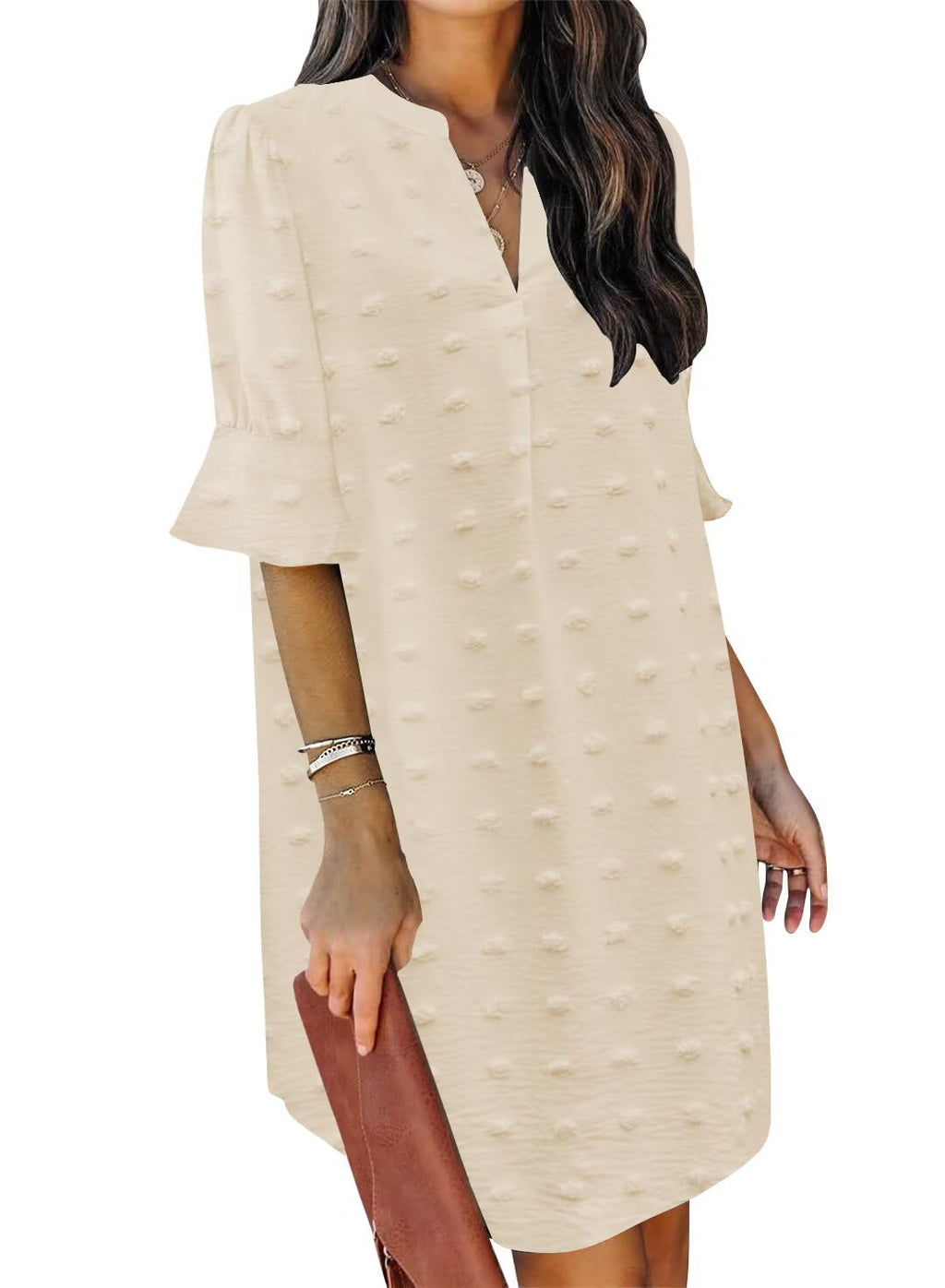 QACOHU Summer Dresses for Women V Neck Ruffle Short Sleeve Shift Dress