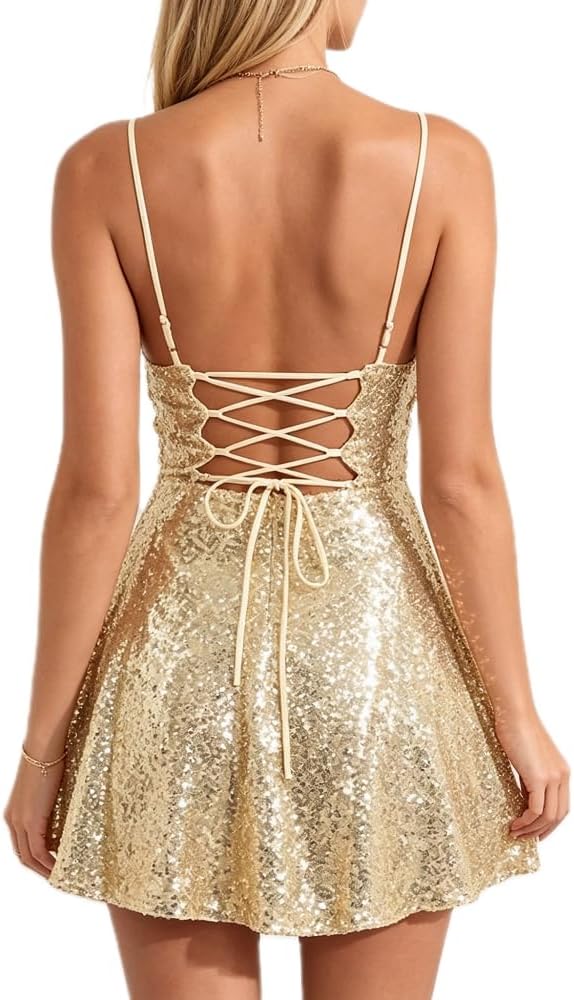 FEORJGP Womens Sparkly Sequin Mini Dress Shiny Spaghetti Strap Short Dress Glitter Disco Slip Dresses Cocktail Party Clubwear
