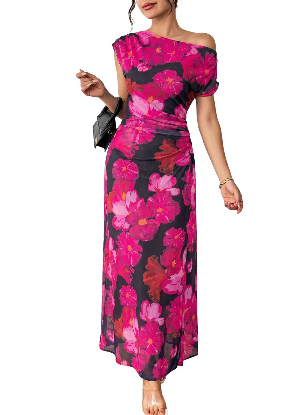 BLENCOT Women's Floral Off Shoulder Wedding Guest Dress Party Gown