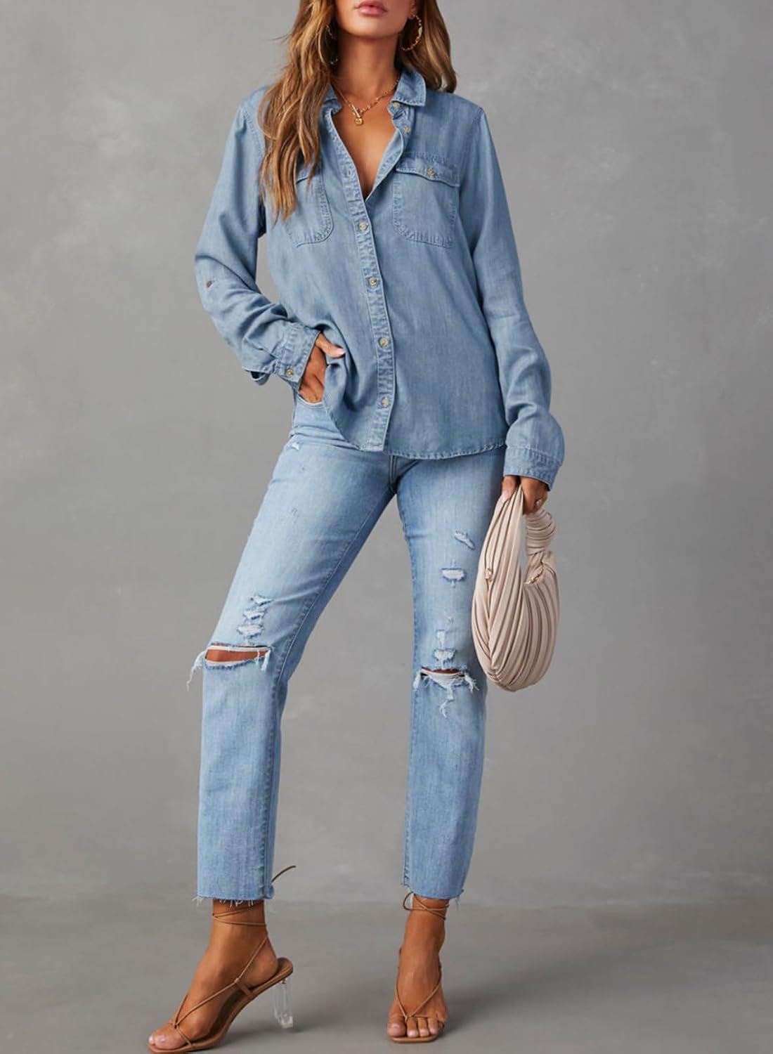 Astylish Women Denim Button Down Shirts Chambray Blouse Top