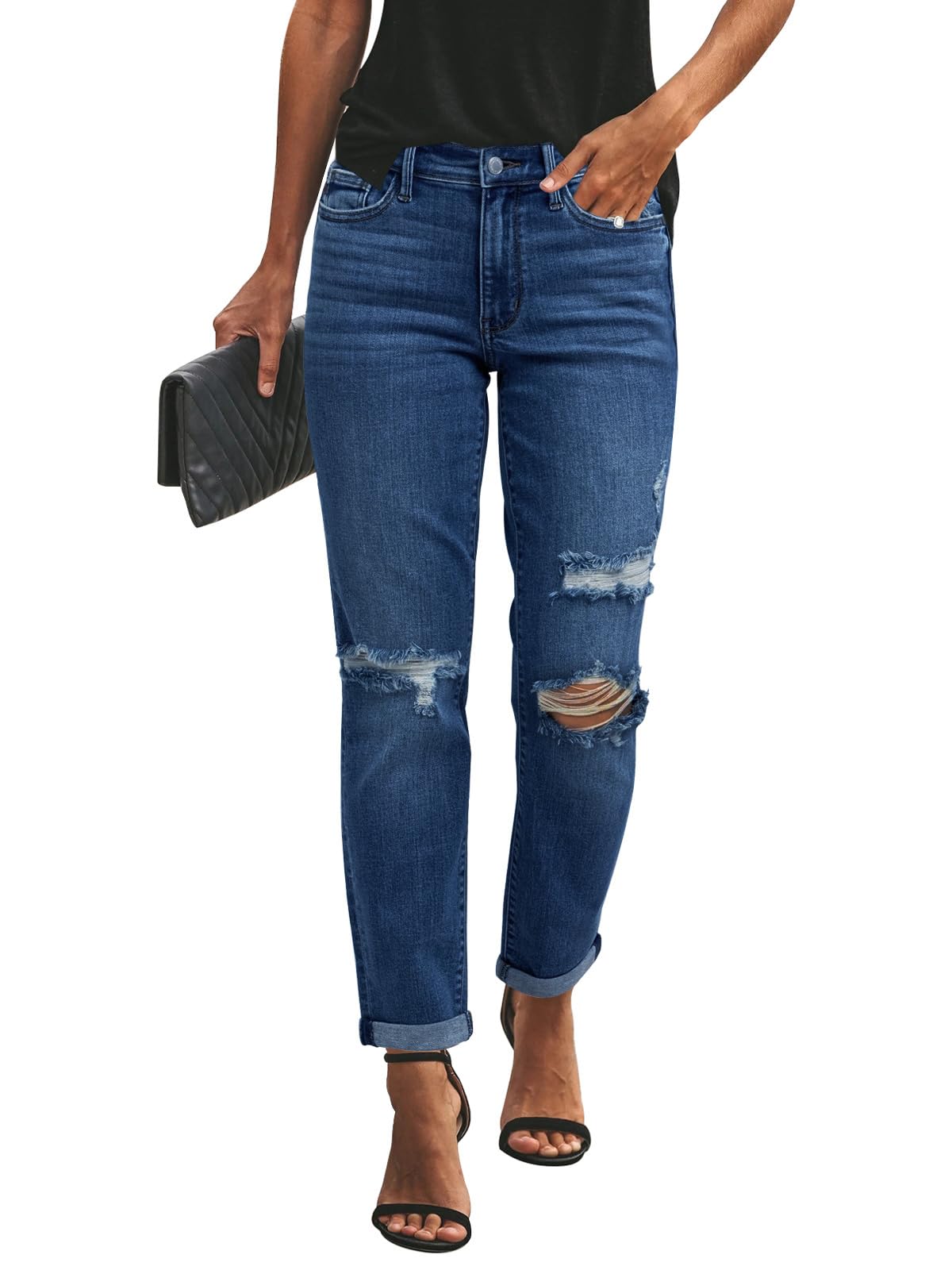 KUNMI Women's Ripped Mid Waisted Boyfriend Jeans Loose Fit Distressed Stretchy Denim Pants