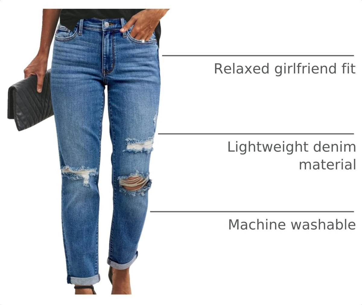 KUNMI Women's Ripped Mid Waisted Boyfriend Jeans Loose Fit Distressed Stretchy Denim Pants