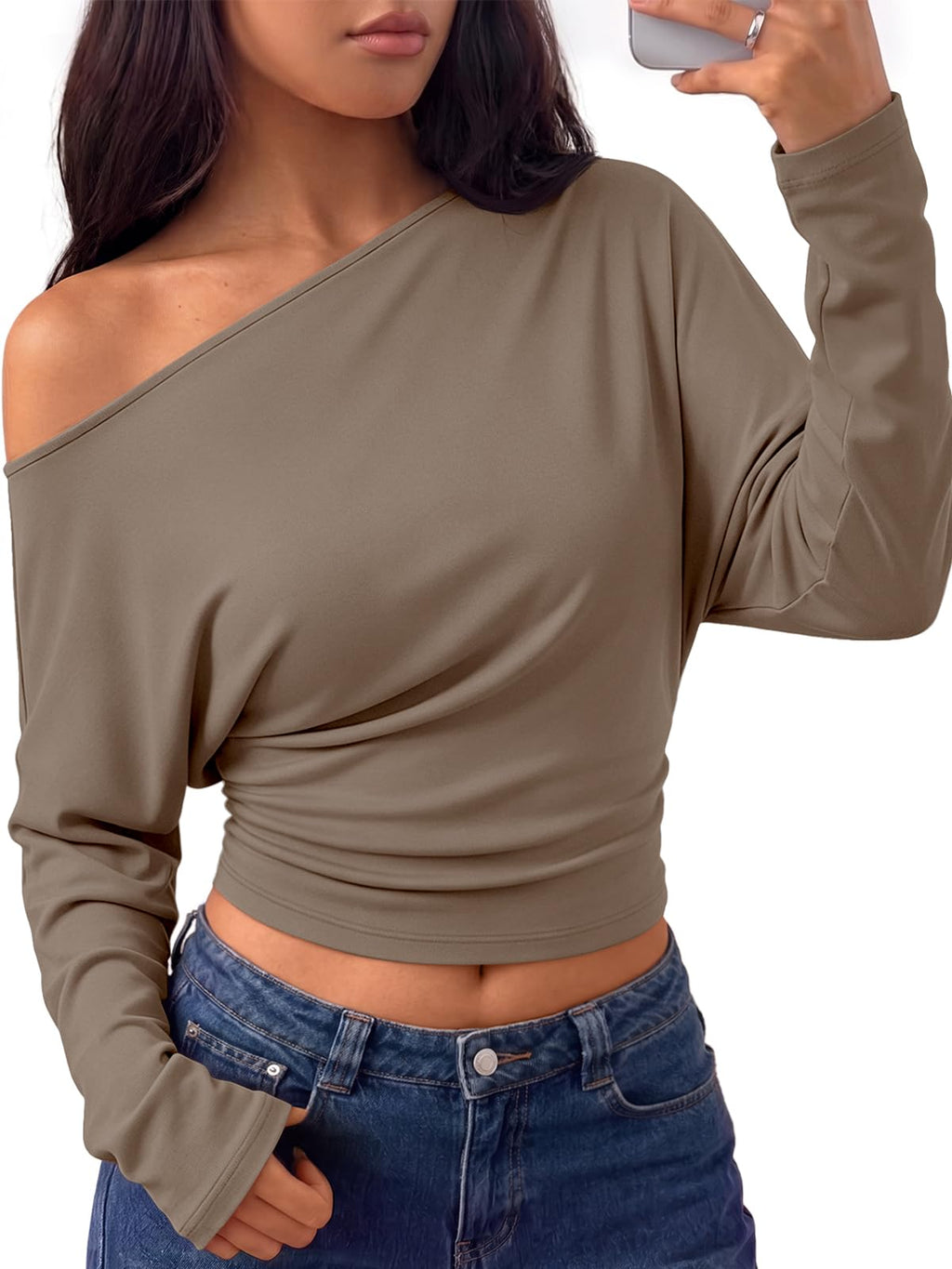 Trendy Queen Off the Shoulder Tops for Women Cinched Waist Shirts 2026 Fall