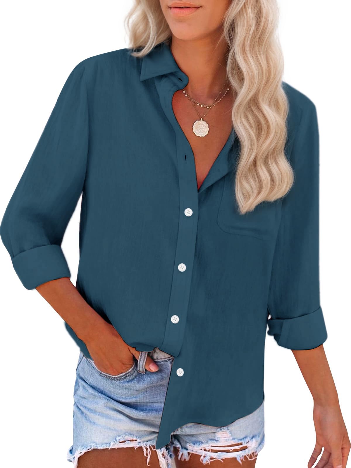 Womens Button Down Shirts Cotton Dress Shirts Oxford Shirts Long Sleeve Work Blouses Collared Tops Tunics with Pocket