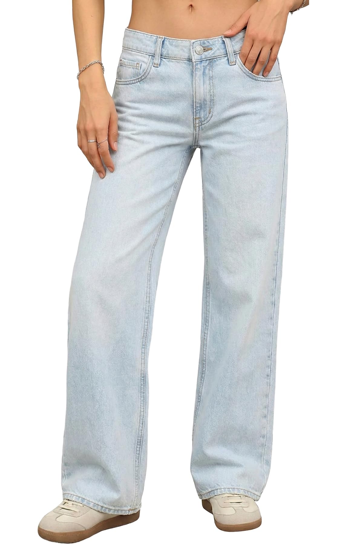 ELLEVEN Low Rise Baggy Jeans for Women, Straight Leg Denim Pants