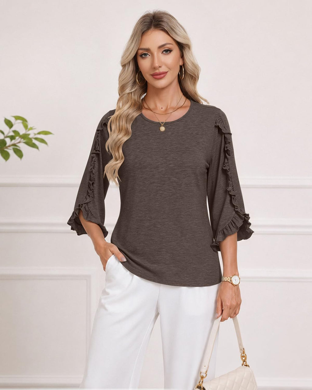 3/4 Length Sleeve Womens Tops Crewneck Ruffle Sleeve Shirts Dressy Casual Blouse Summer Fall Fashion Business Outfit