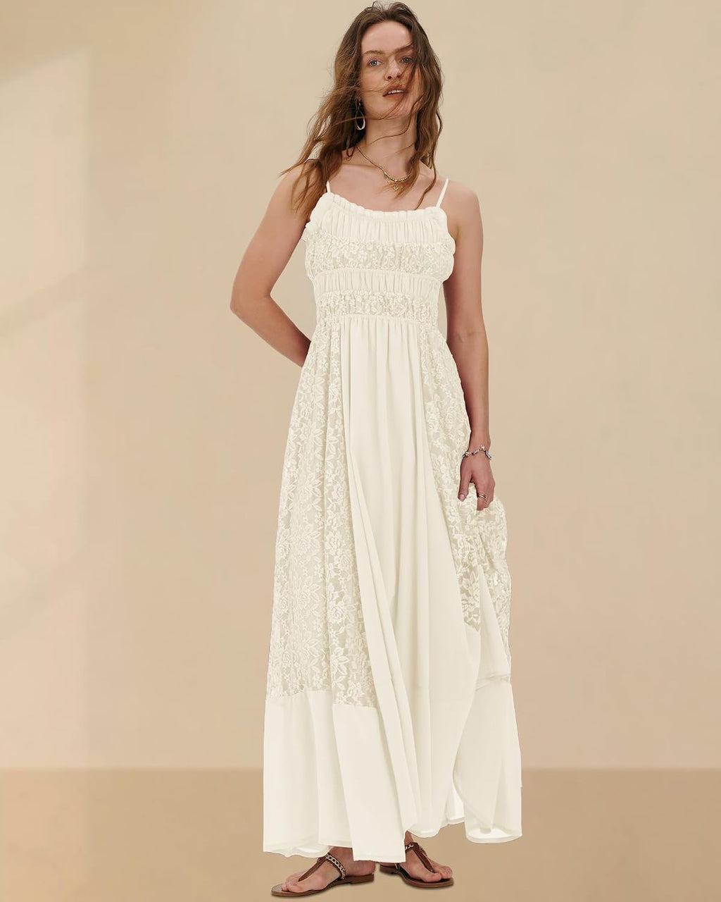 Gacaky Summer Dress for Women Casual Lace Floral Embroidered Bohemian Maxi Dress Flowy A Line Beach Long Dresses