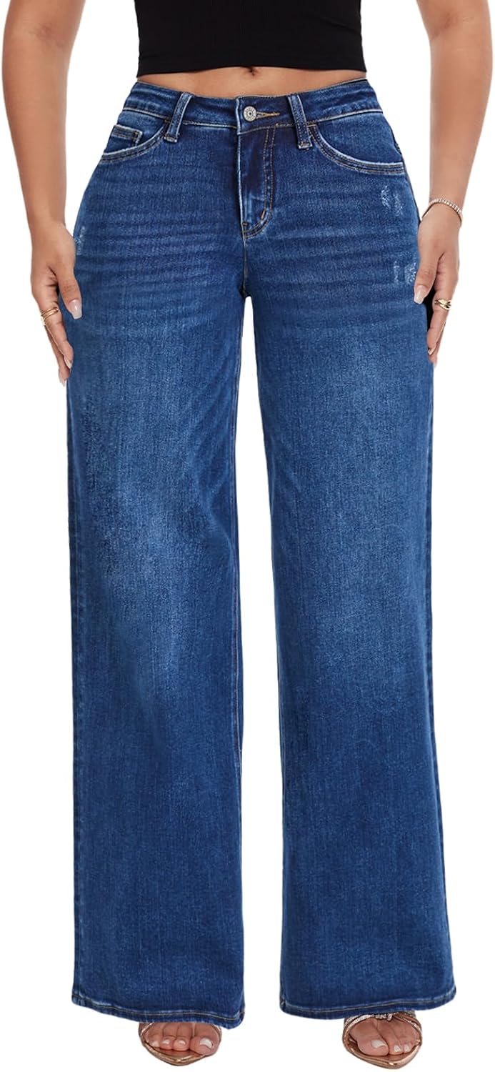 ONESO Wide Leg Jeans for Women Mid Low Rise Baggy Stretchy Denim Pants