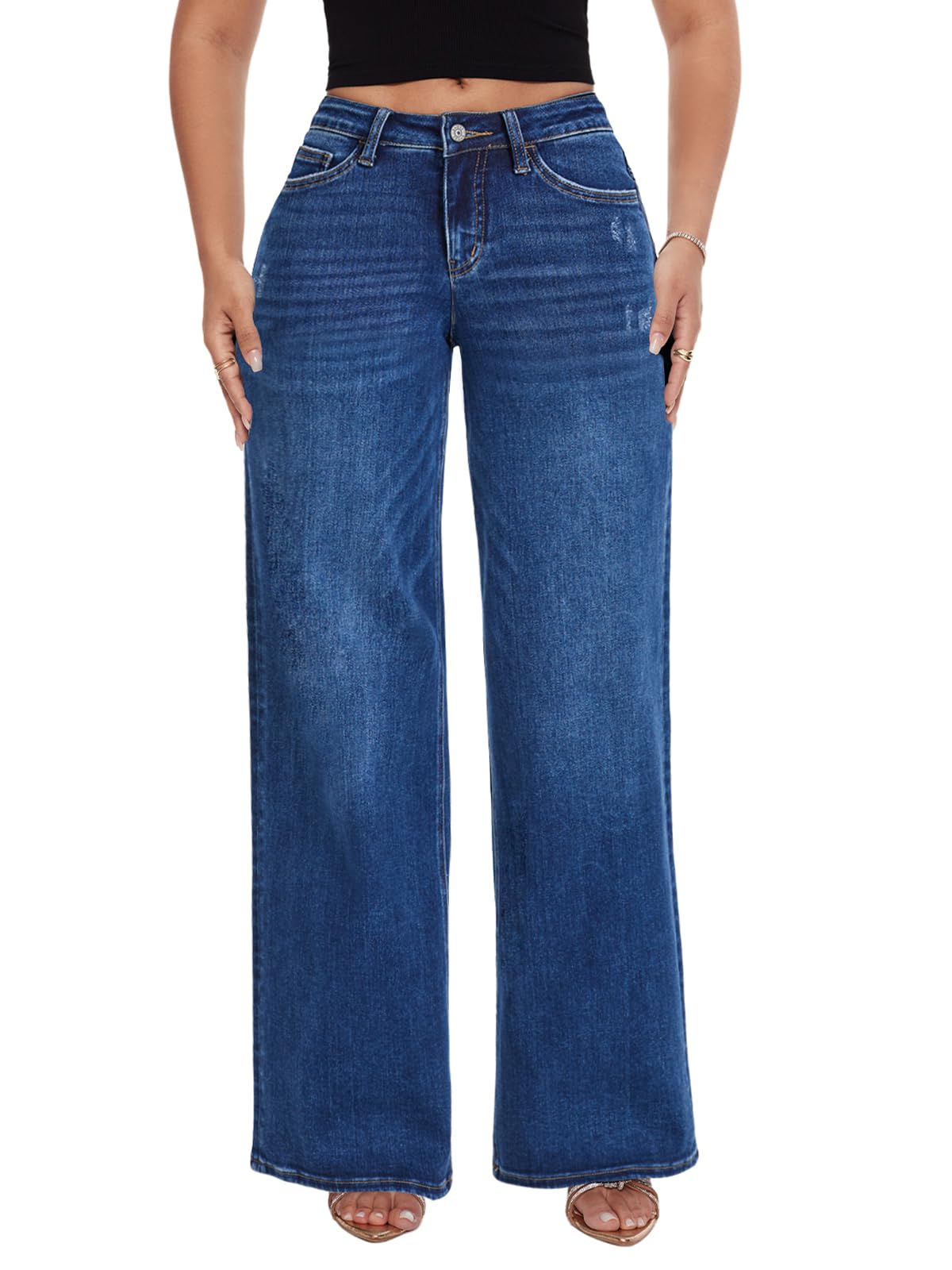 ONESO Wide Leg Jeans for Women Mid Low Rise Baggy Stretchy Denim Pants