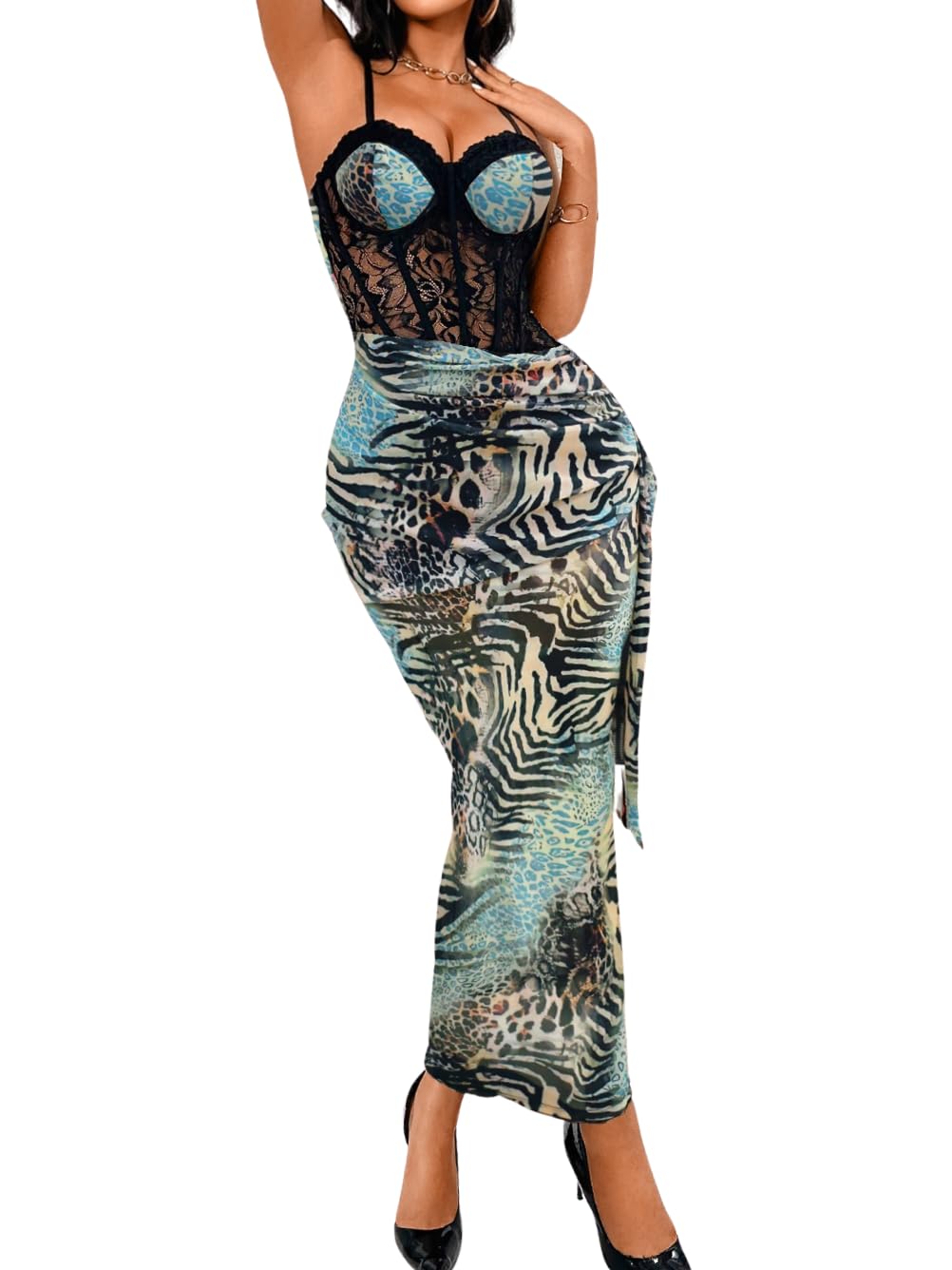 ChiaoLezhee Women's Sexy Lace Bustier Maxi Dress, Built-in Bra Underwire Corset Bodycon Clubwear Festival Outfits
