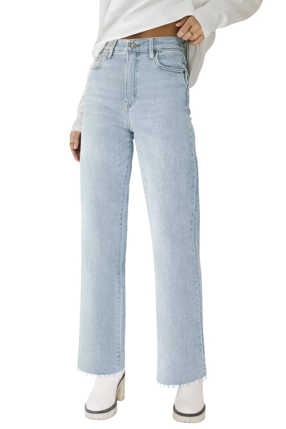 KDF Straight Leg Jeans for Women High Waisted Frayed Baggy Pants Stretchy Cropped Wide Leg Jeans