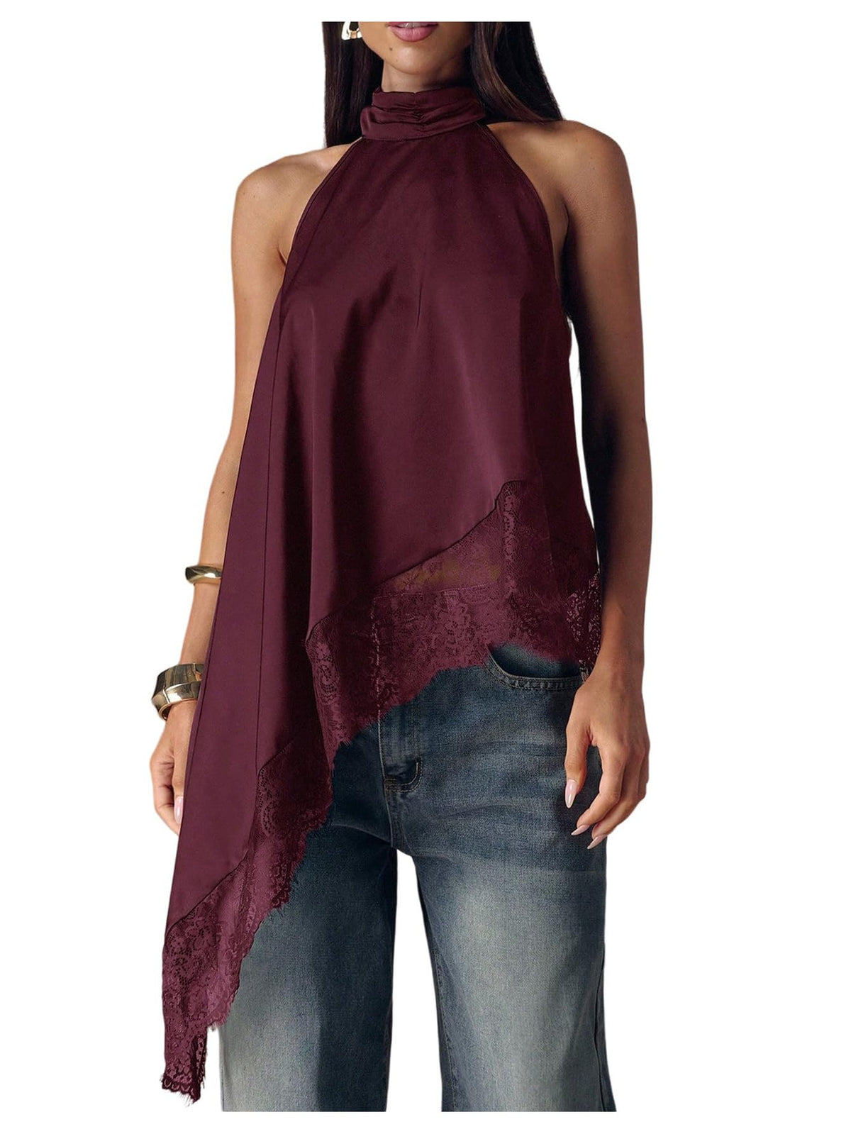 Milumia Women's Halter Neck Top Lace Asymmetrical Hem Going Out Tank Tops