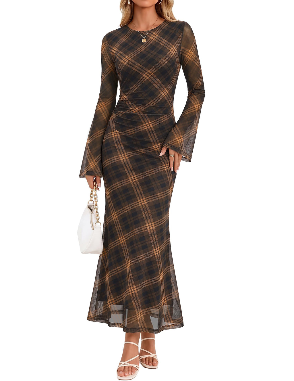 ZESICA Womens Long Sleeve Floral Fall Bodycon Ruched Mesh Maxi Formal Dress