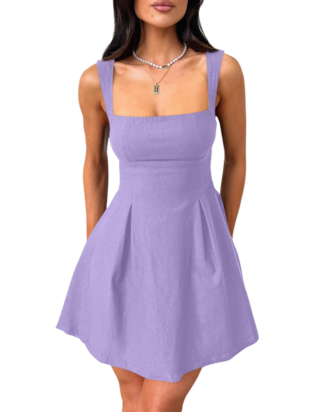 YMDUCH Women's Sleeveless Square Neck Bow Tie A-line Mini Dress