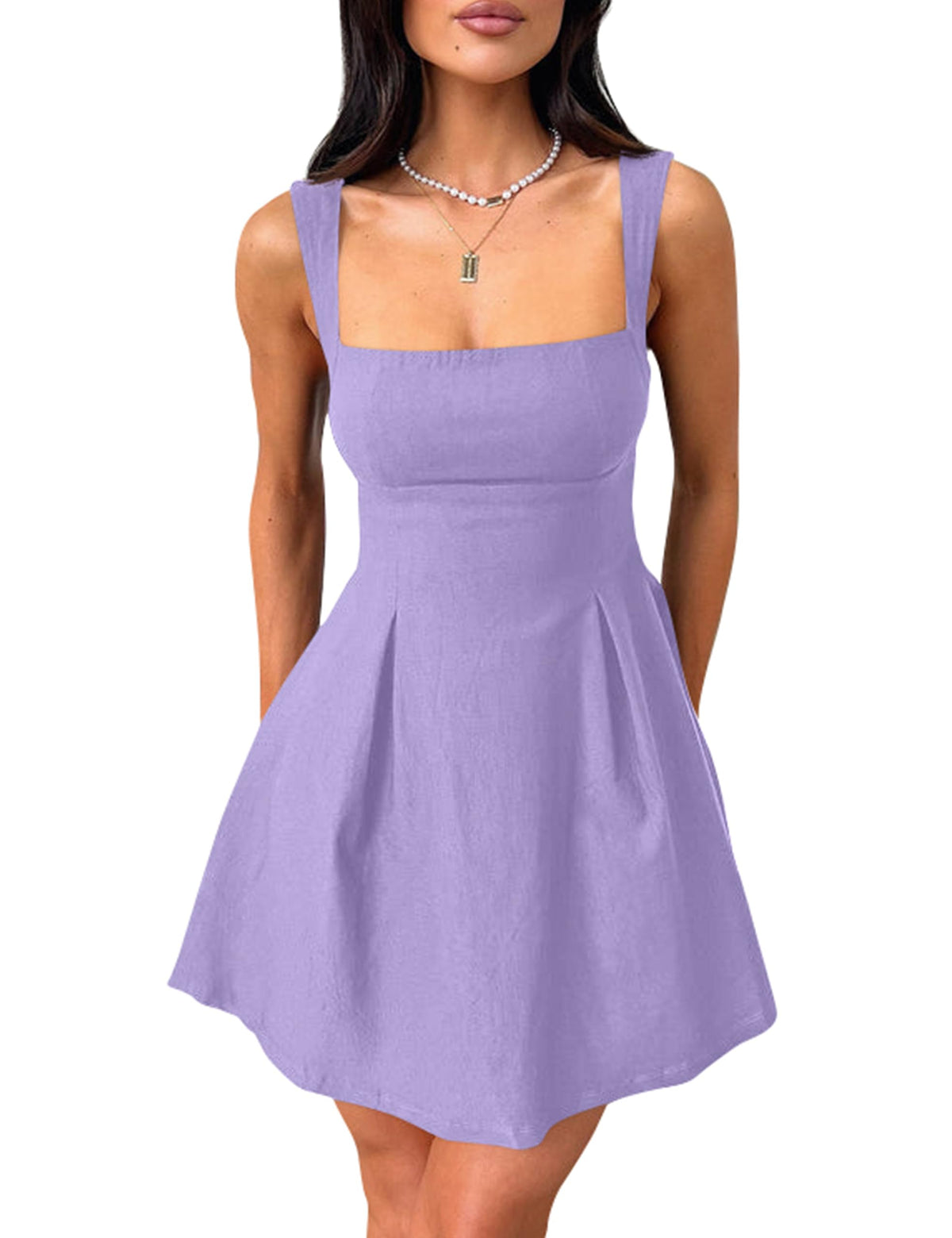 YMDUCH Women's Sleeveless Square Neck Bow Tie A-line Mini Dress