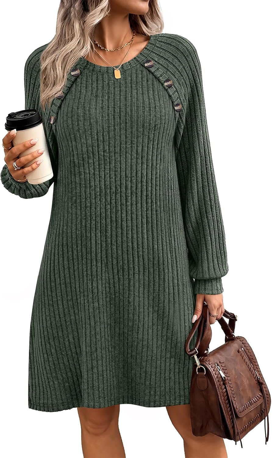 OFEEFAN Fall Dresses for Women 2026 Long Sleeve Dress with Pockets