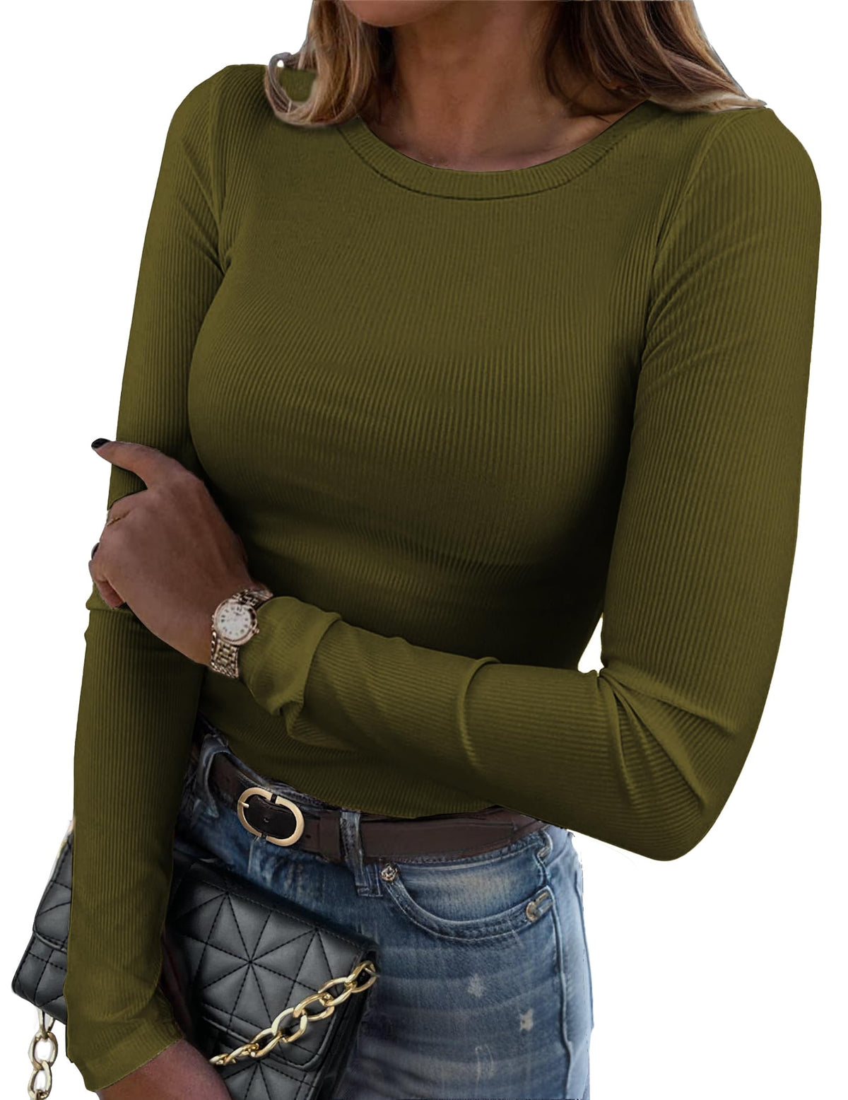 Zeagoo Women Long Sleeve Shirts Ribbed Slim Fit Tops Crewneck Basic Tee