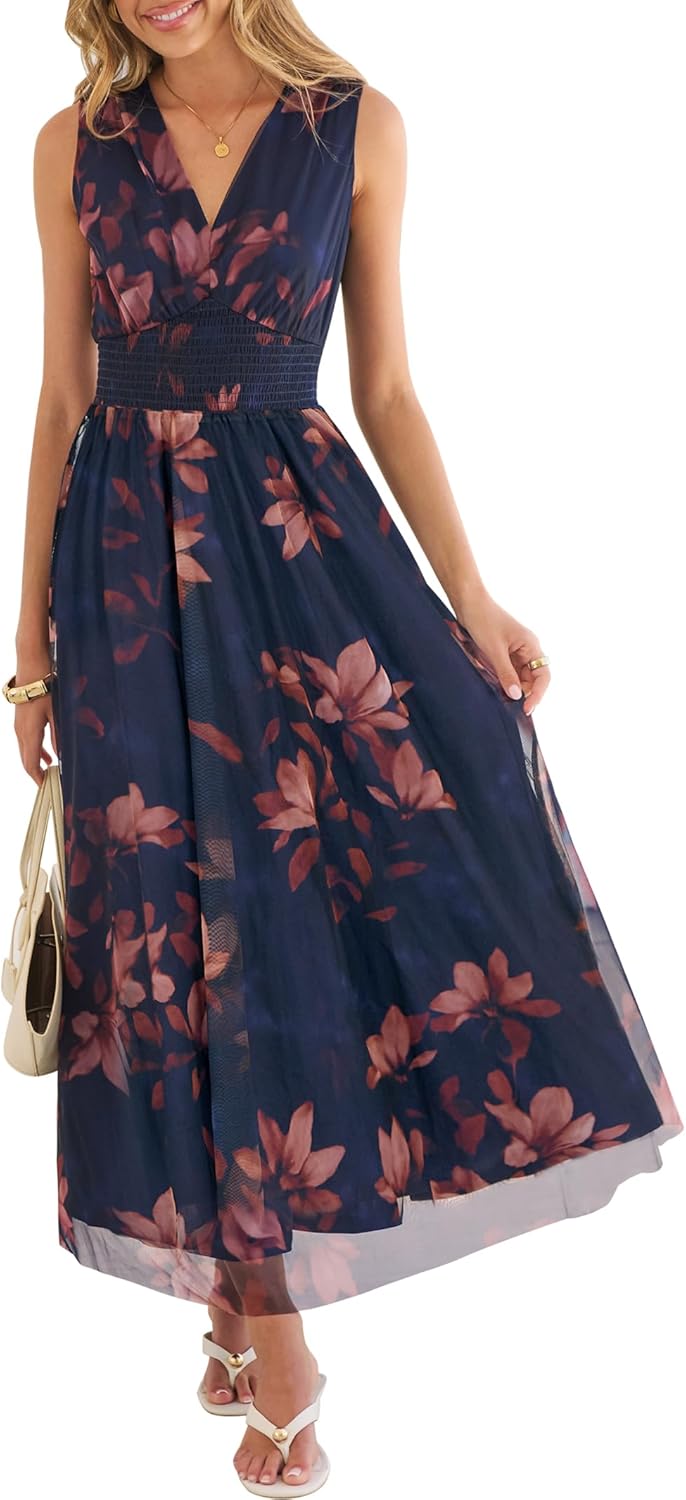 ANRABESS Women's Floral Tulle Wedding Guest Maxi Dress