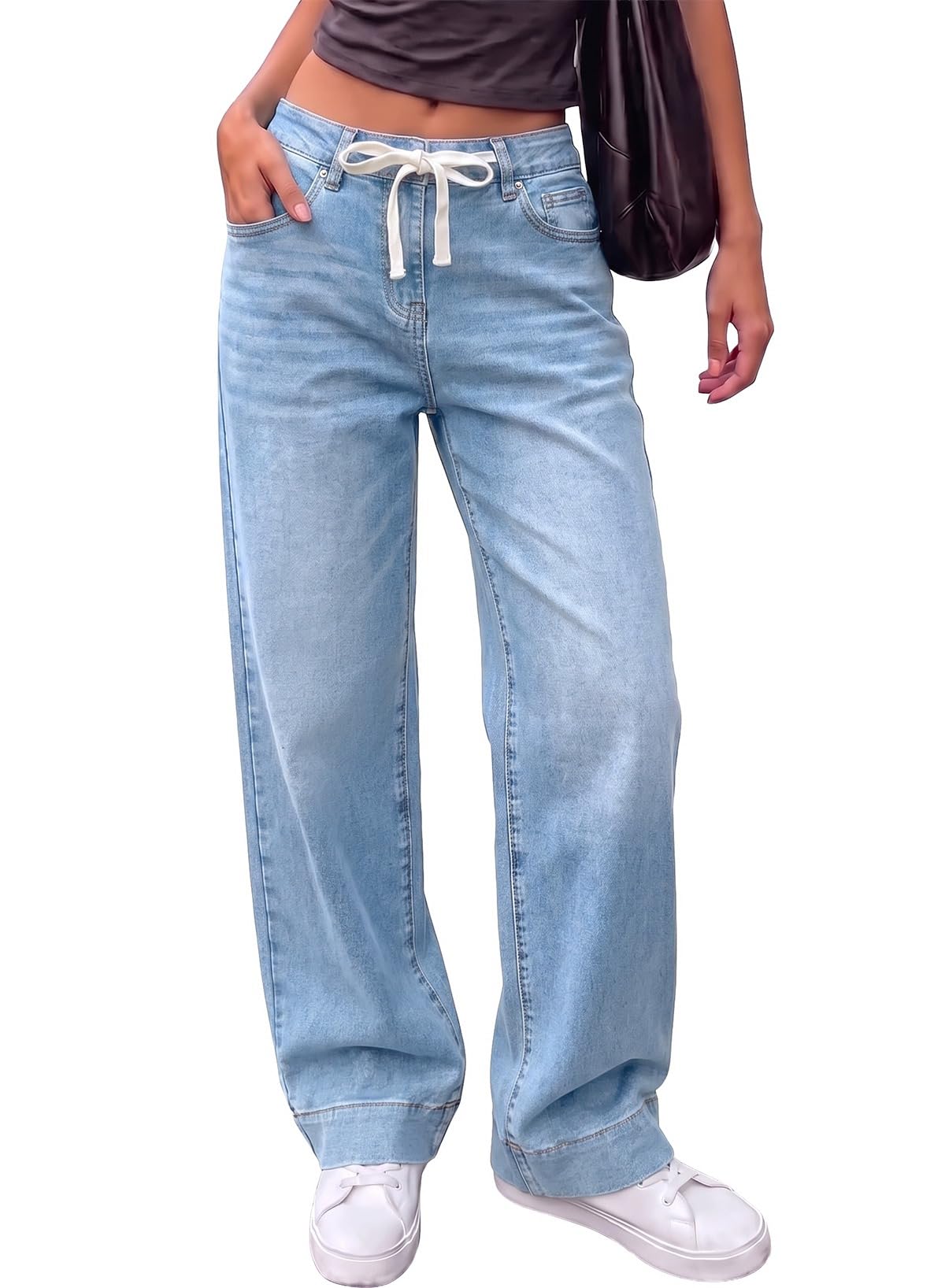 Sidefeel Women's High Waisted Straight Leg Jeans Drawstring Denim Pants