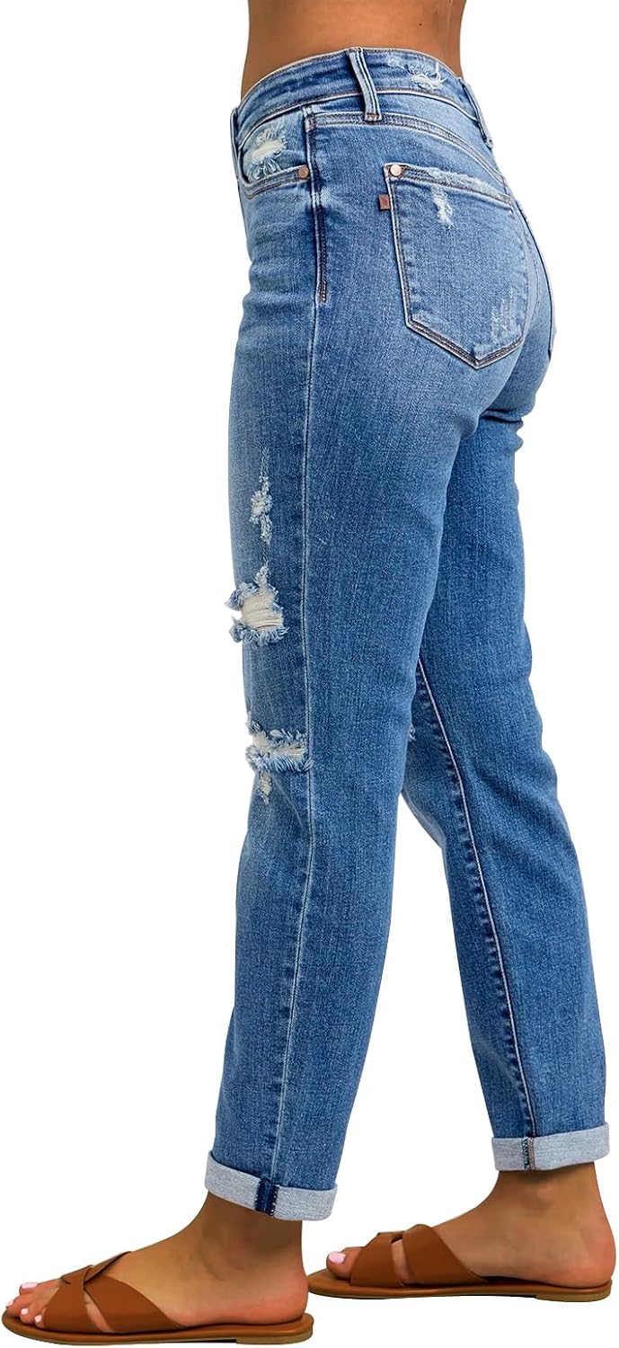KUNMI Women's Ripped Mid Waisted Boyfriend Jeans Loose Fit Distressed Stretchy Denim Pants