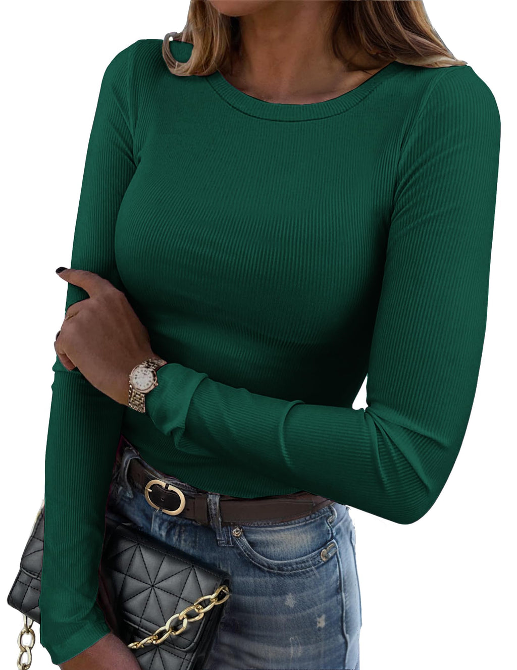 Zeagoo Women Long Sleeve Shirts Ribbed Slim Fit Tops Crewneck Basic Tee