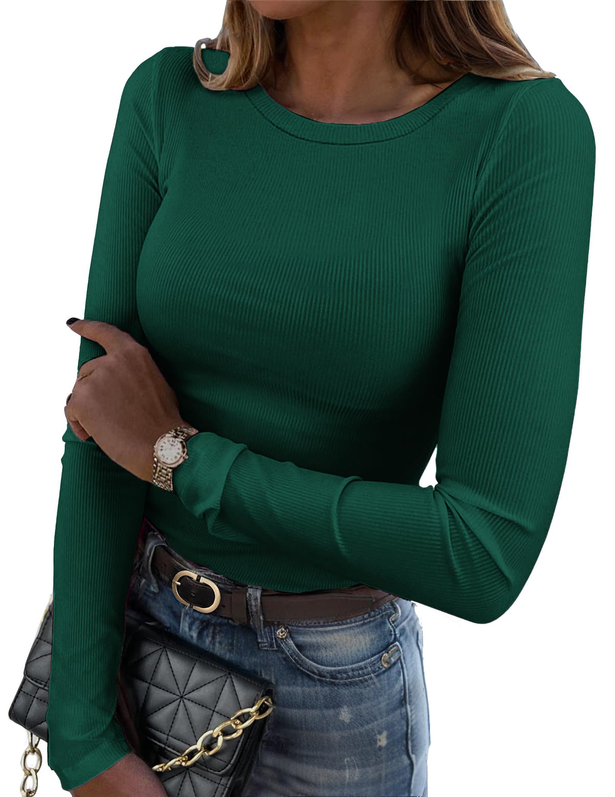 Zeagoo Women Long Sleeve Shirts Ribbed Slim Fit Tops Crewneck Basic Tee