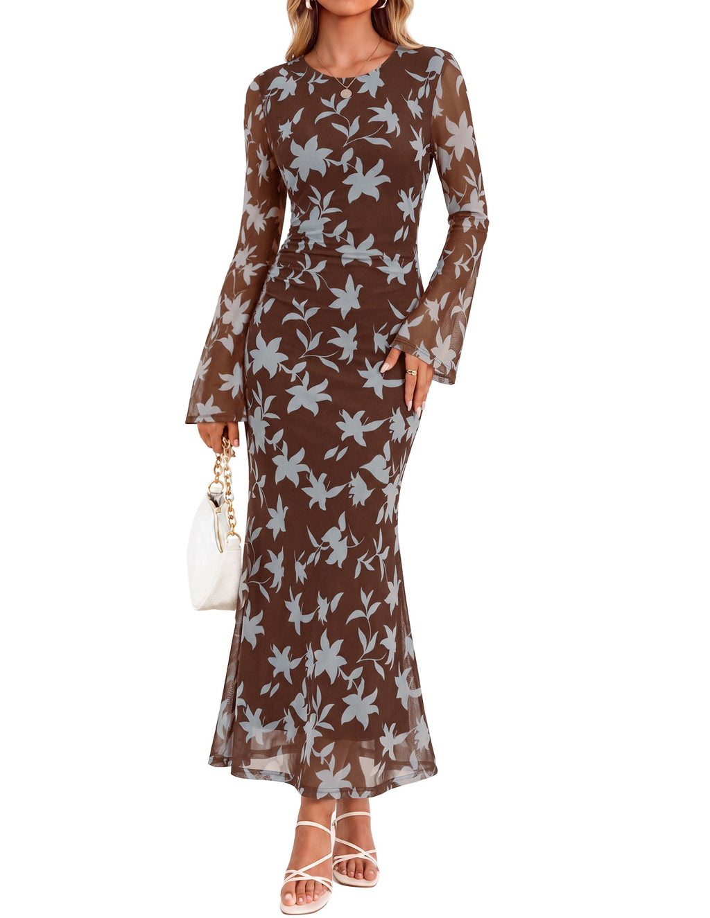 ZESICA Womens Long Sleeve Floral Fall Bodycon Ruched Mesh Maxi Formal Dress