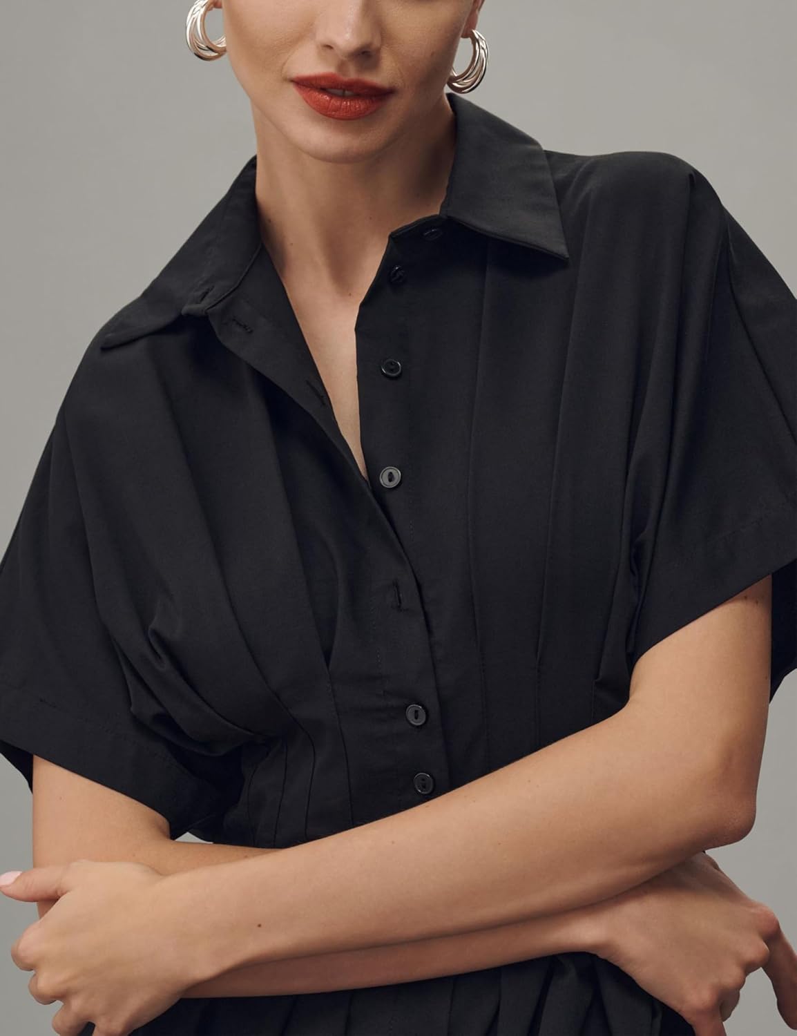 Yeokou Shirt Dress for Women Short Sleeve Button Front Casual Pleated Flowy Maxi Sundress with Pockets