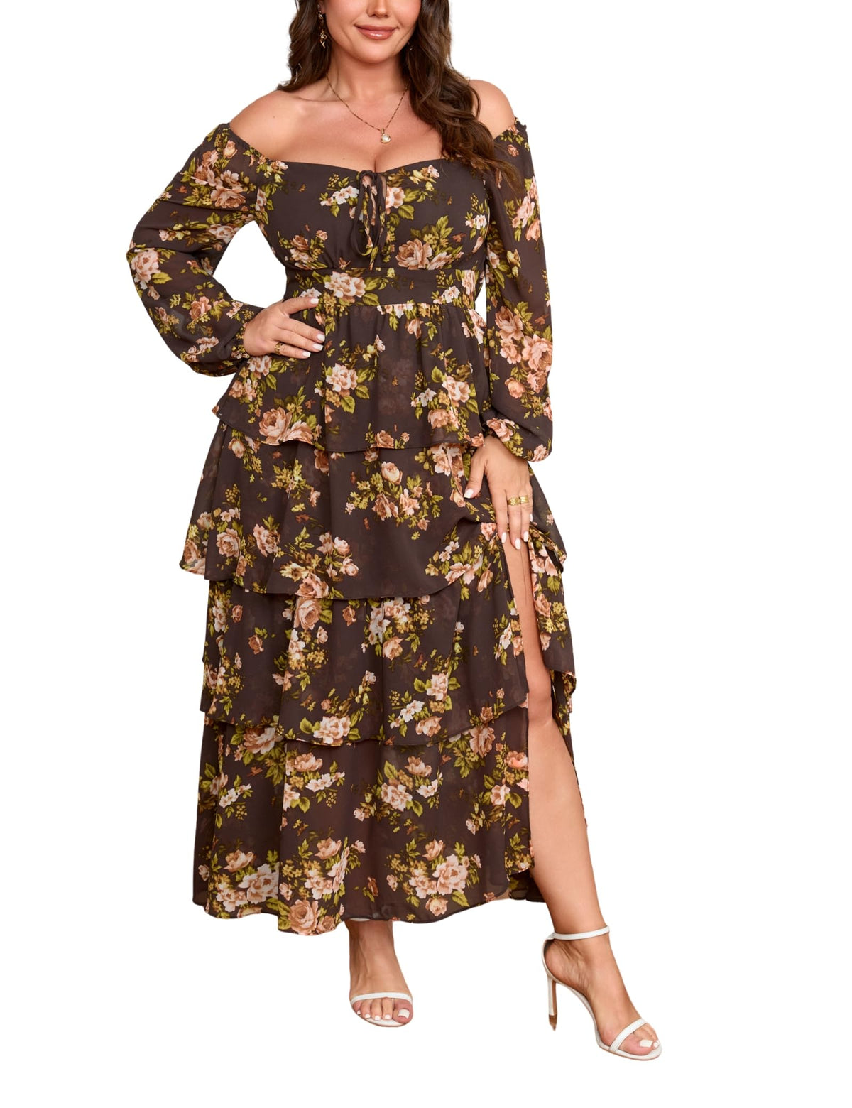 EYWOL Plus Size Long Sleeve Floral Tiered Semi Formal Wedding Guest Dress